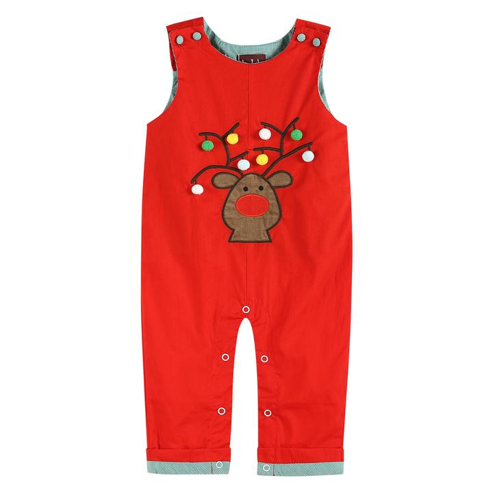 LC Christmas Plaid Reindeer Pompom Overalls