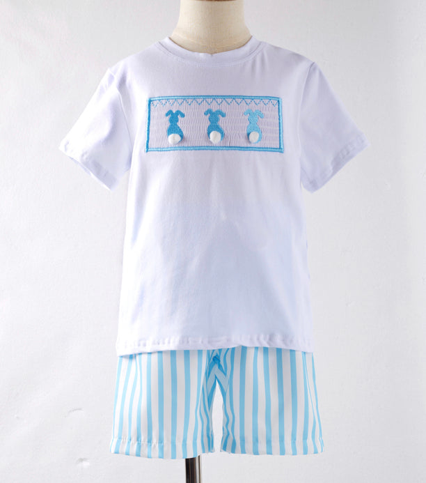 Blue Seersucker Bunny Short Set