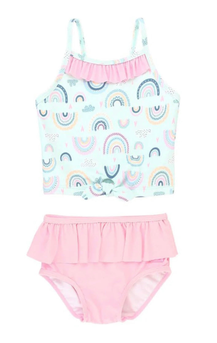 RuffleButts Chase the Rainbow Ruffle Tie Tankini