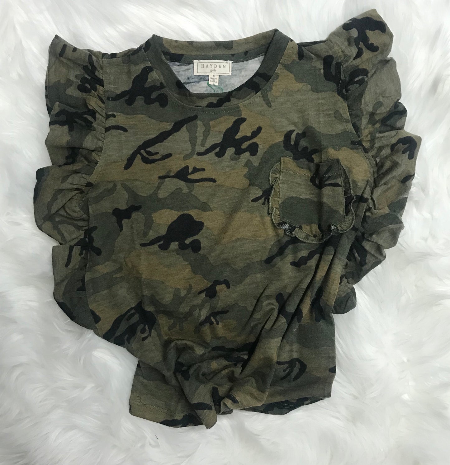 Hayden Camo Ruffle Sleeve Top 5570