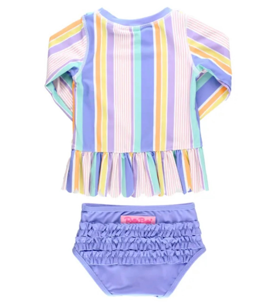 RuffleButts Rainbow Lane Stripe Scalloped Long Sleeve Rash Guard 2-Piece Set