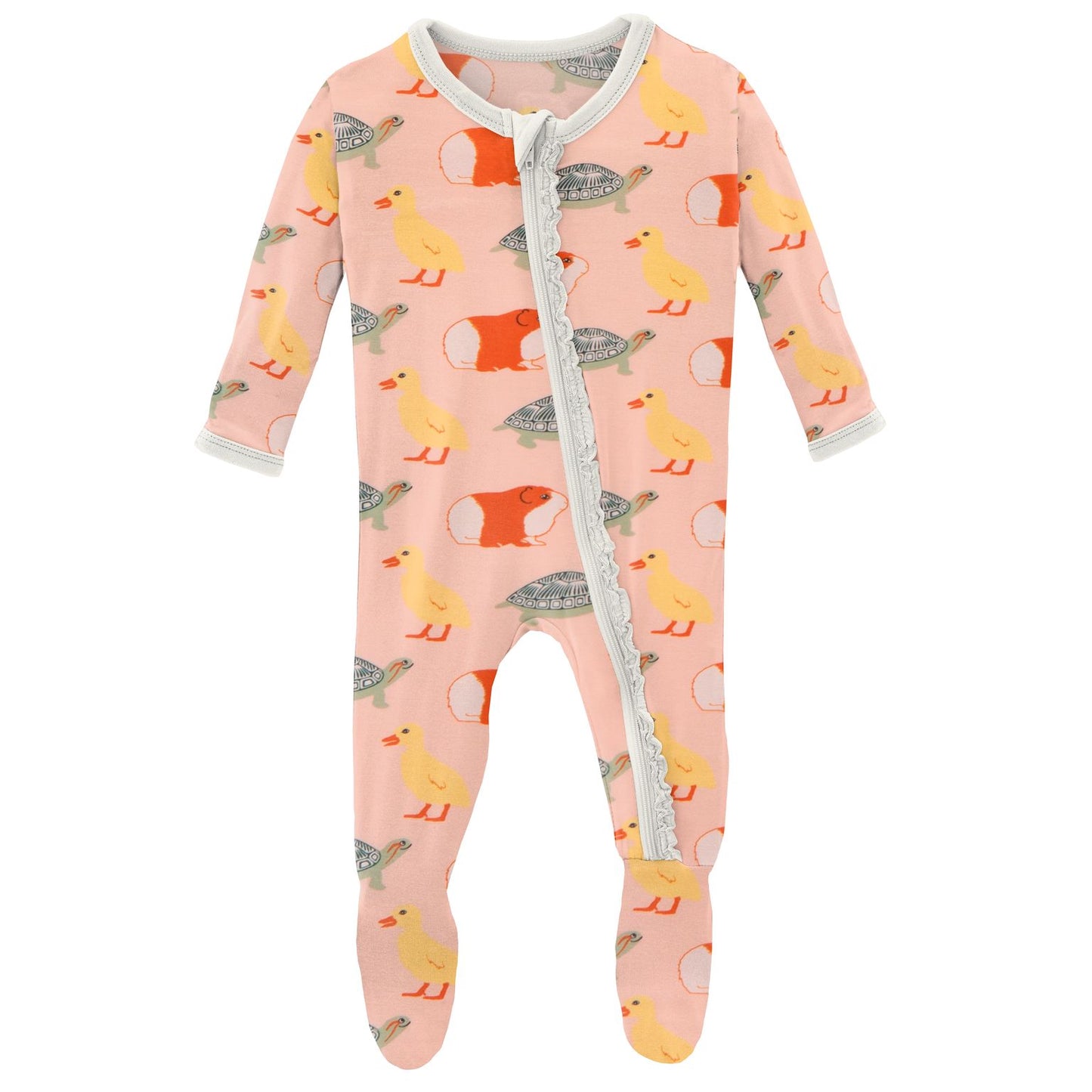 Kickee Pants Peach Blossom Class Pets Print Muffin Ruffle Footie with Zipper