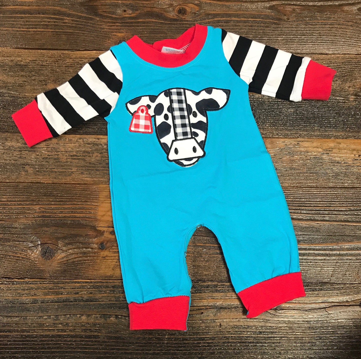 Blue Cow Romper Striped Sleeves
