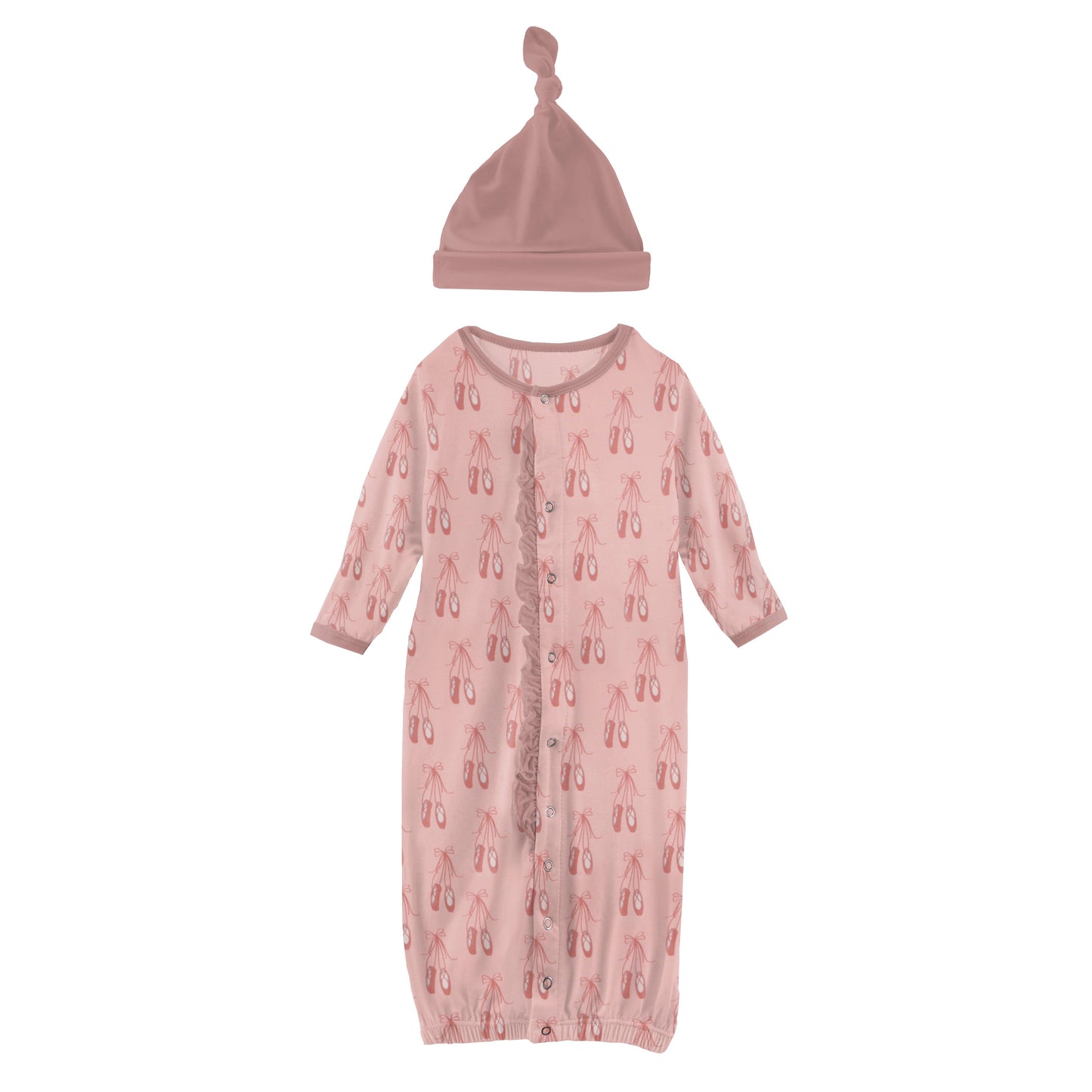 Kickee Pants Baby Rose Ballet Print Ruffle Layette Gown Converter & Single Knot Hat Set