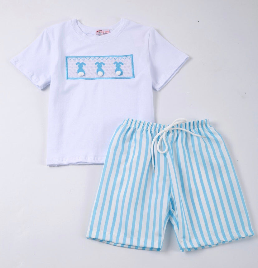Blue Seersucker Bunny Short Set