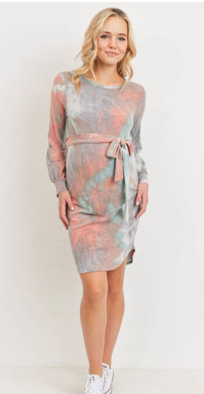 Tie-Dye French Terry Waist Tie Maternity Dress