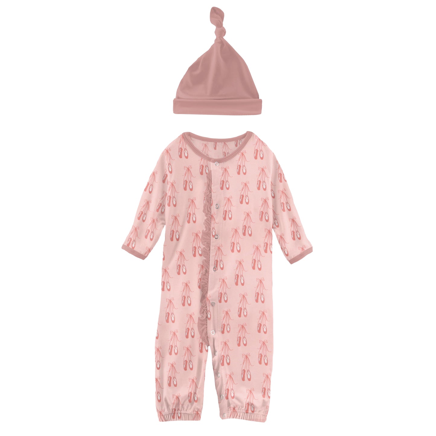 Kickee Pants Baby Rose Ballet Print Ruffle Layette Gown Converter & Single Knot Hat Set