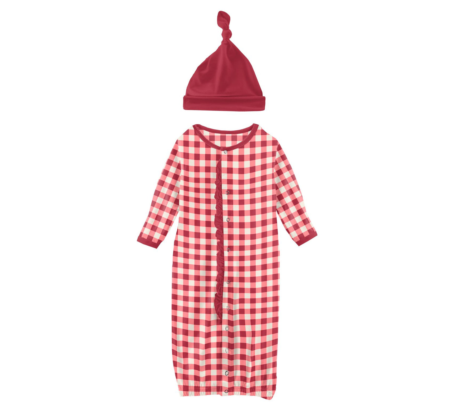 Kickee Pants Wild Strawberry Gingham Print Ruffle Layette Gown Converter & Single Knot Hat Set