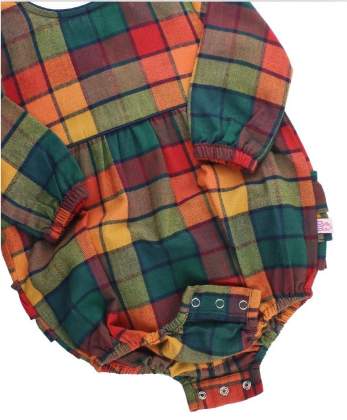 RuffleButts Autumn Rainbow Plaid V-Back Bubble Romper