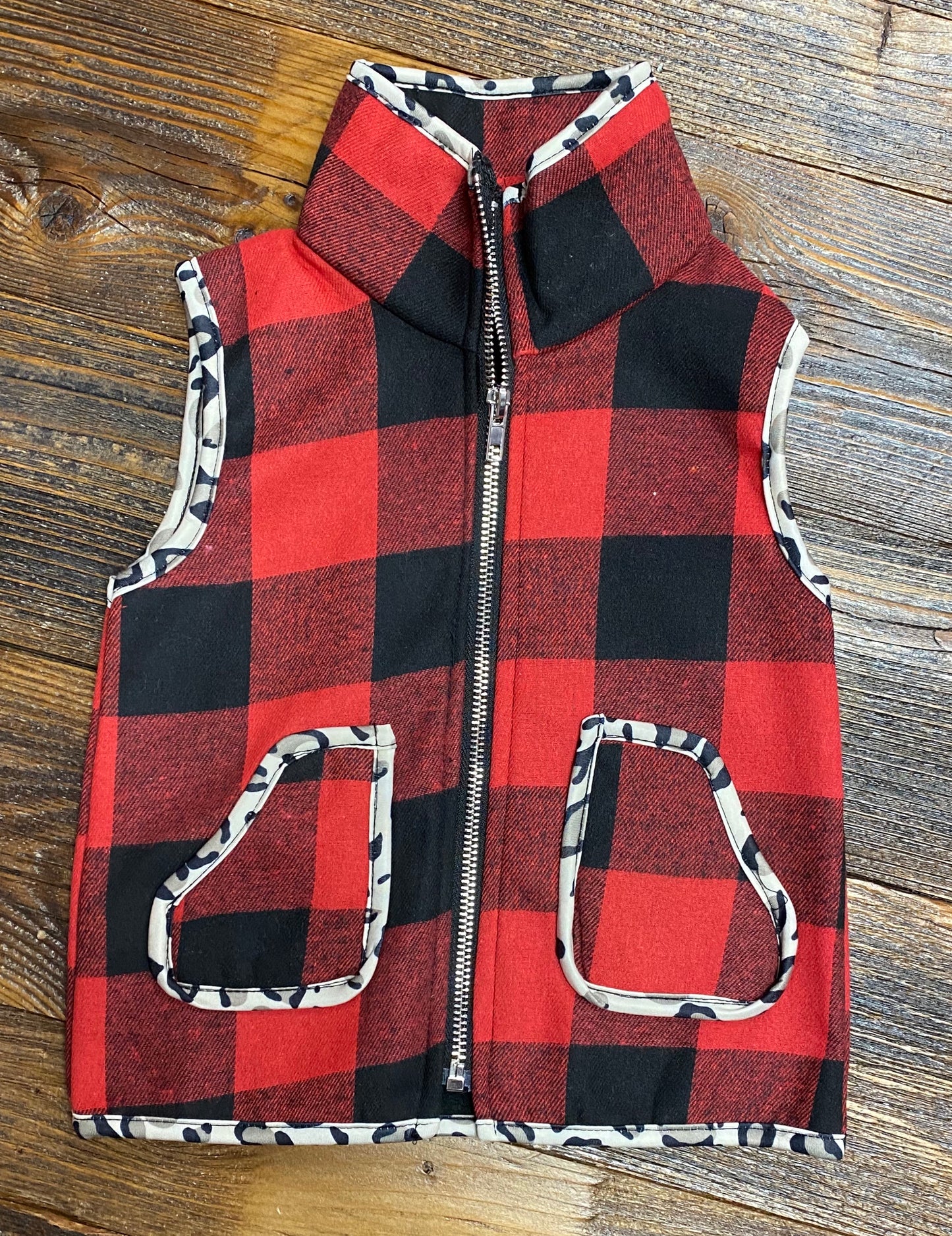 Red Plaid With Leopard Trim Vest