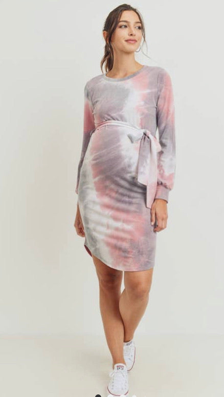 Tie-Dye French Terry Waist Tie Maternity Dress