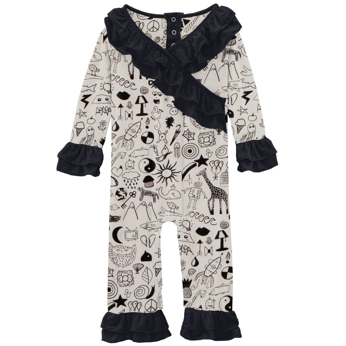 Kickee Pants Doodles Print Long Sleeve Kimono Double Ruffle Romper