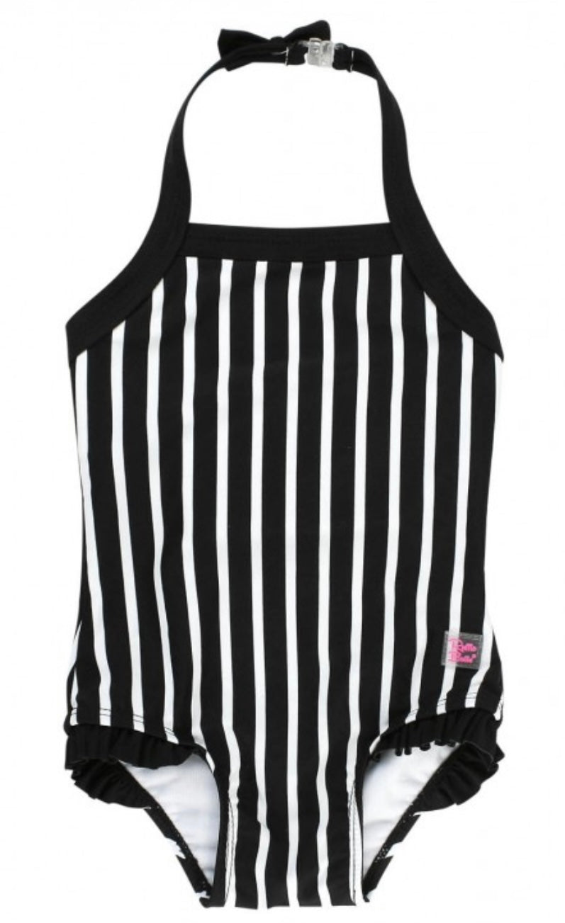 RuffleButts Black&White Stripe Halter One Piece