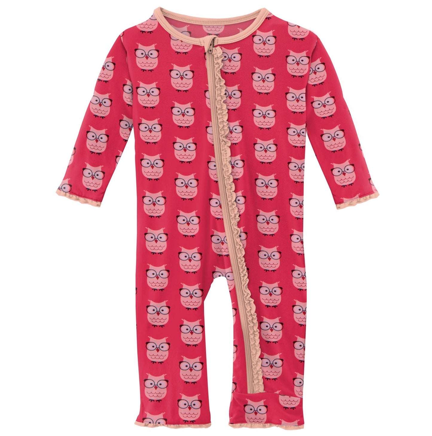 Kickee Pants Taffy Wise Owls Print Muffin Ruffle Coverall with Zipper