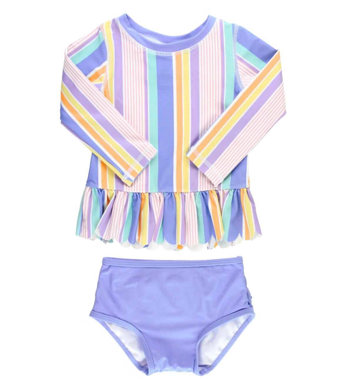 RuffleButts Rainbow Lane Stripe Scalloped Long Sleeve Rash Guard 2-Piece Set