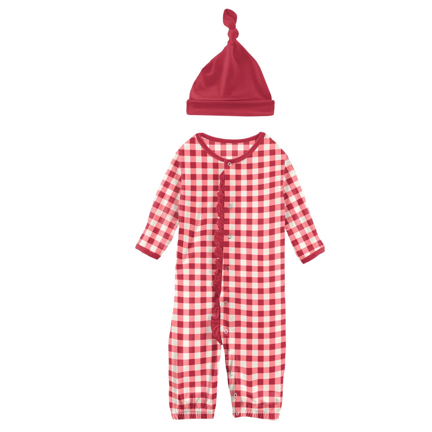 Kickee Pants Wild Strawberry Gingham Print Ruffle Layette Gown Converter & Single Knot Hat Set