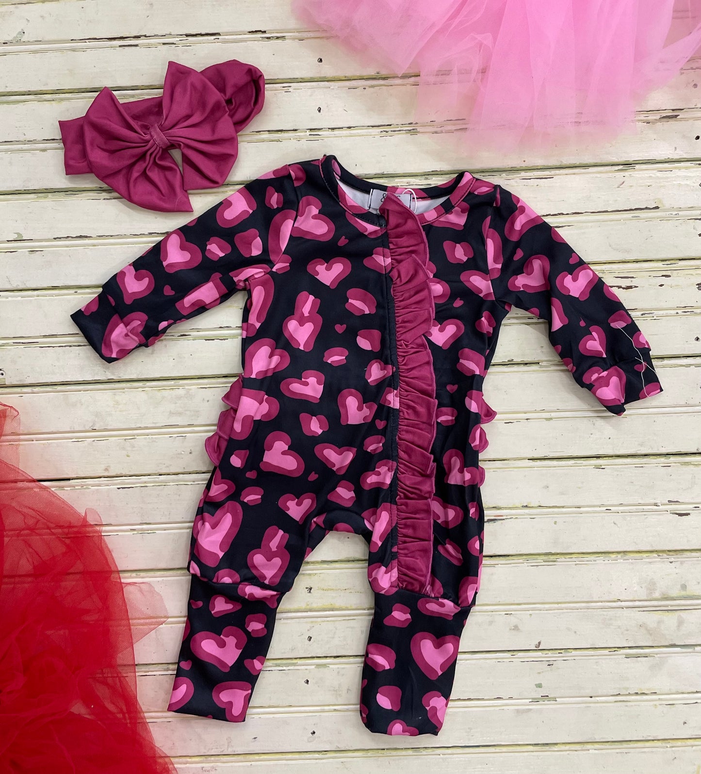 Leopard Heart Ruffle Romper + Headband