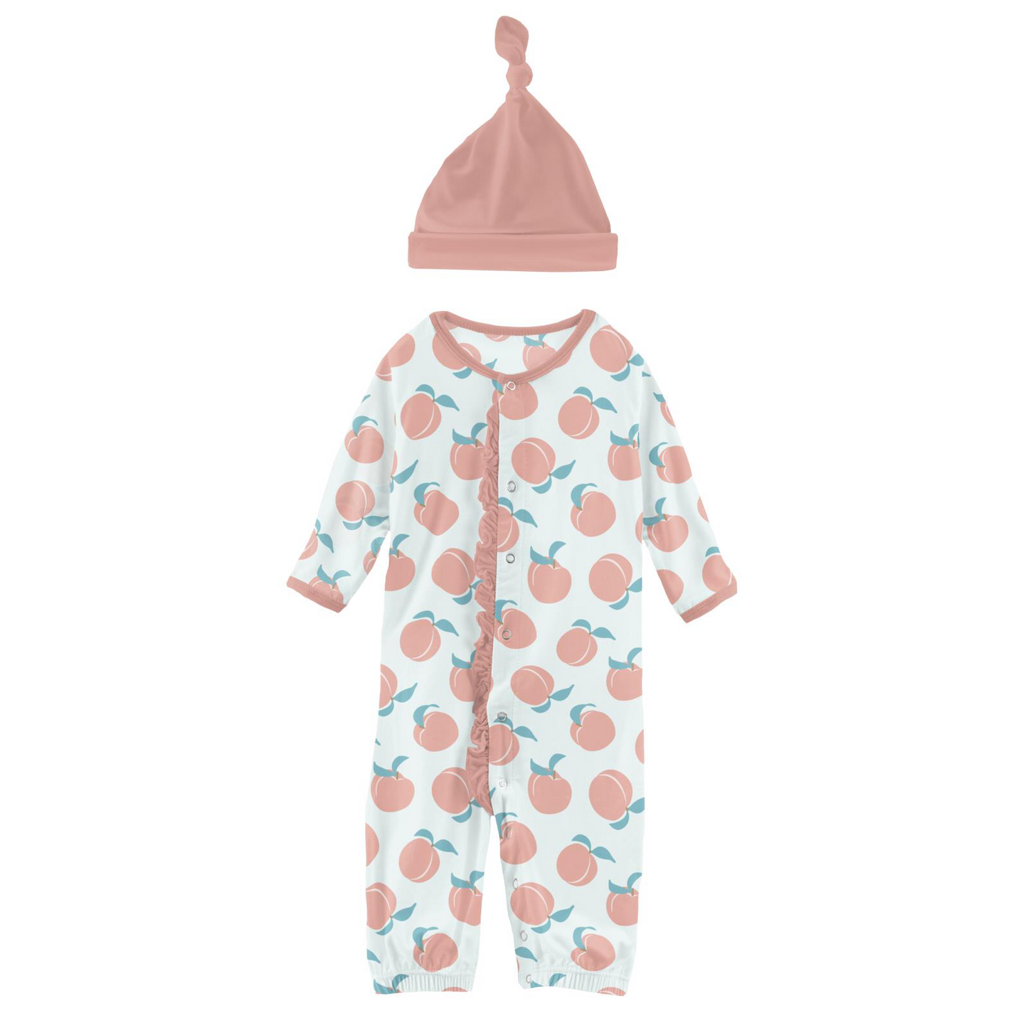 Kickee Pants Fresh Air Peaches Ruffle Layette Gown Converter & Single Knot Hat Set