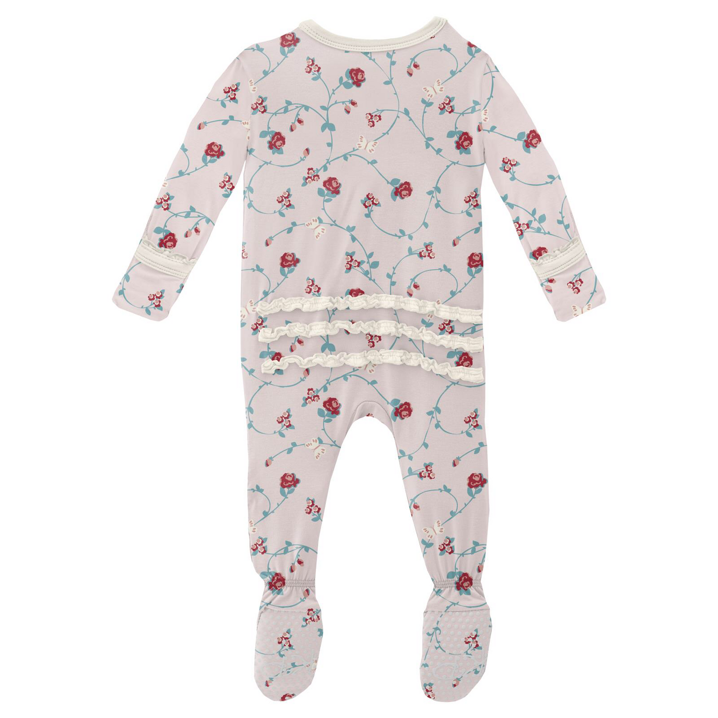 Kickee Pants Macaroon Floral Vines Muffin Ruffle Footie with Zipper
