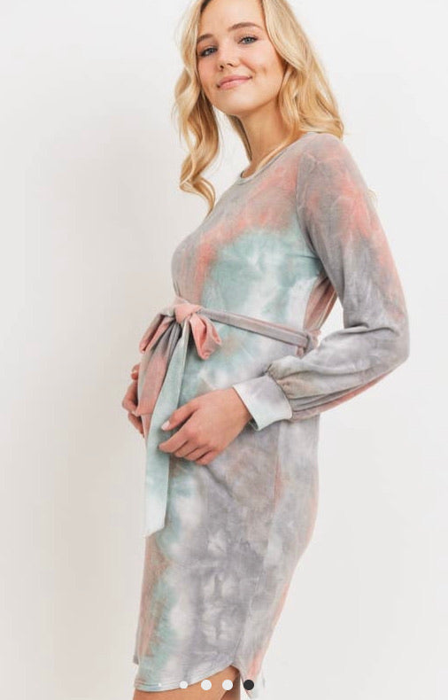Tie-Dye French Terry Waist Tie Maternity Dress