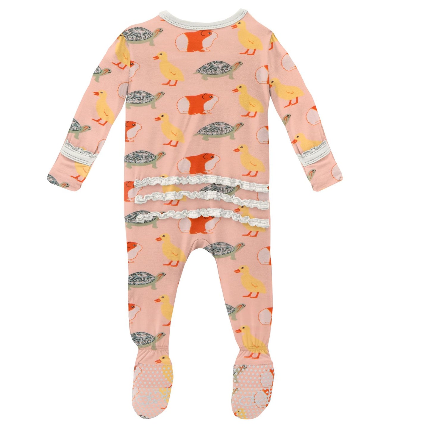 Kickee Pants Peach Blossom Class Pets Print Muffin Ruffle Footie with Zipper