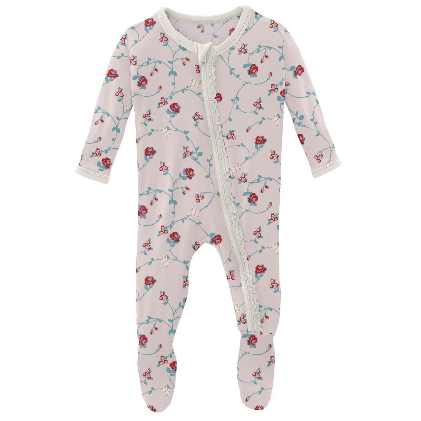 Kickee Pants Macaroon Floral Vines Muffin Ruffle Footie with Zipper