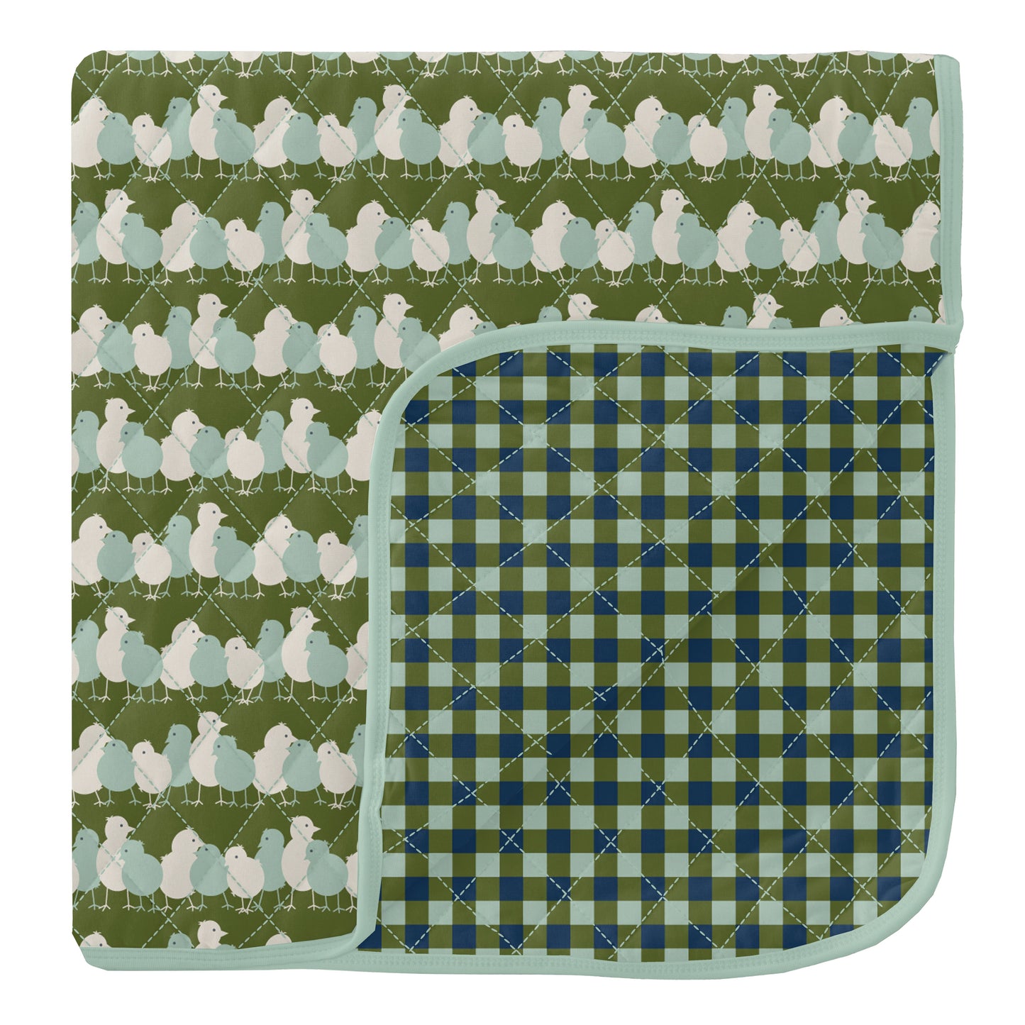 Kickee Pants Moss Chickens / Moss Gingham Print Quilted Stroller Blanket