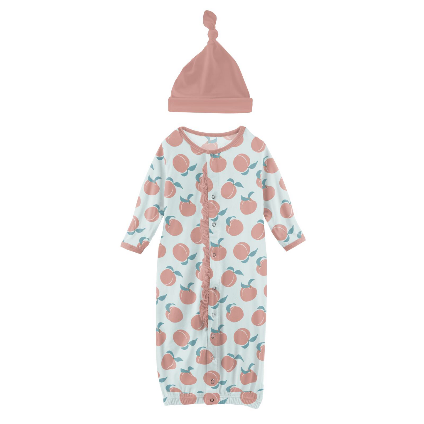 Kickee Pants Fresh Air Peaches Ruffle Layette Gown Converter & Single Knot Hat Set