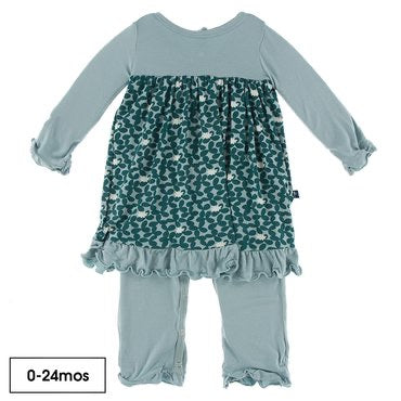 Kickee Pants Jade Running Buffalo Clover Print Long Sleeve Dress Romper