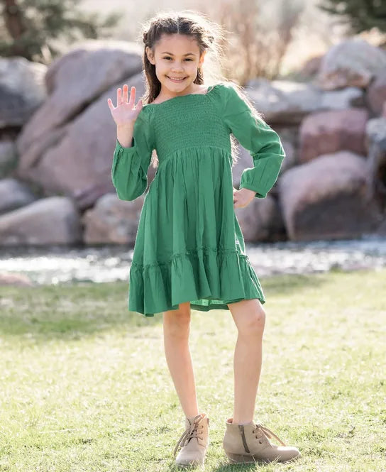 RuffleButts Woven Luxe Smocked Dress