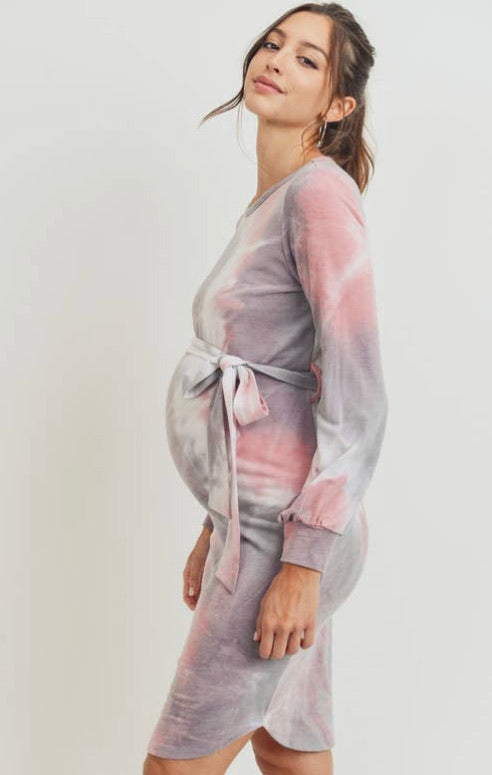 Tie-Dye French Terry Waist Tie Maternity Dress