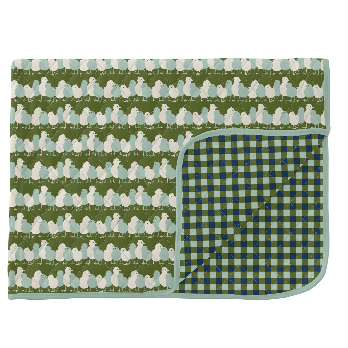 Kickee Pants Moss Chickens / Moss Gingham Print Quilted Blanket
