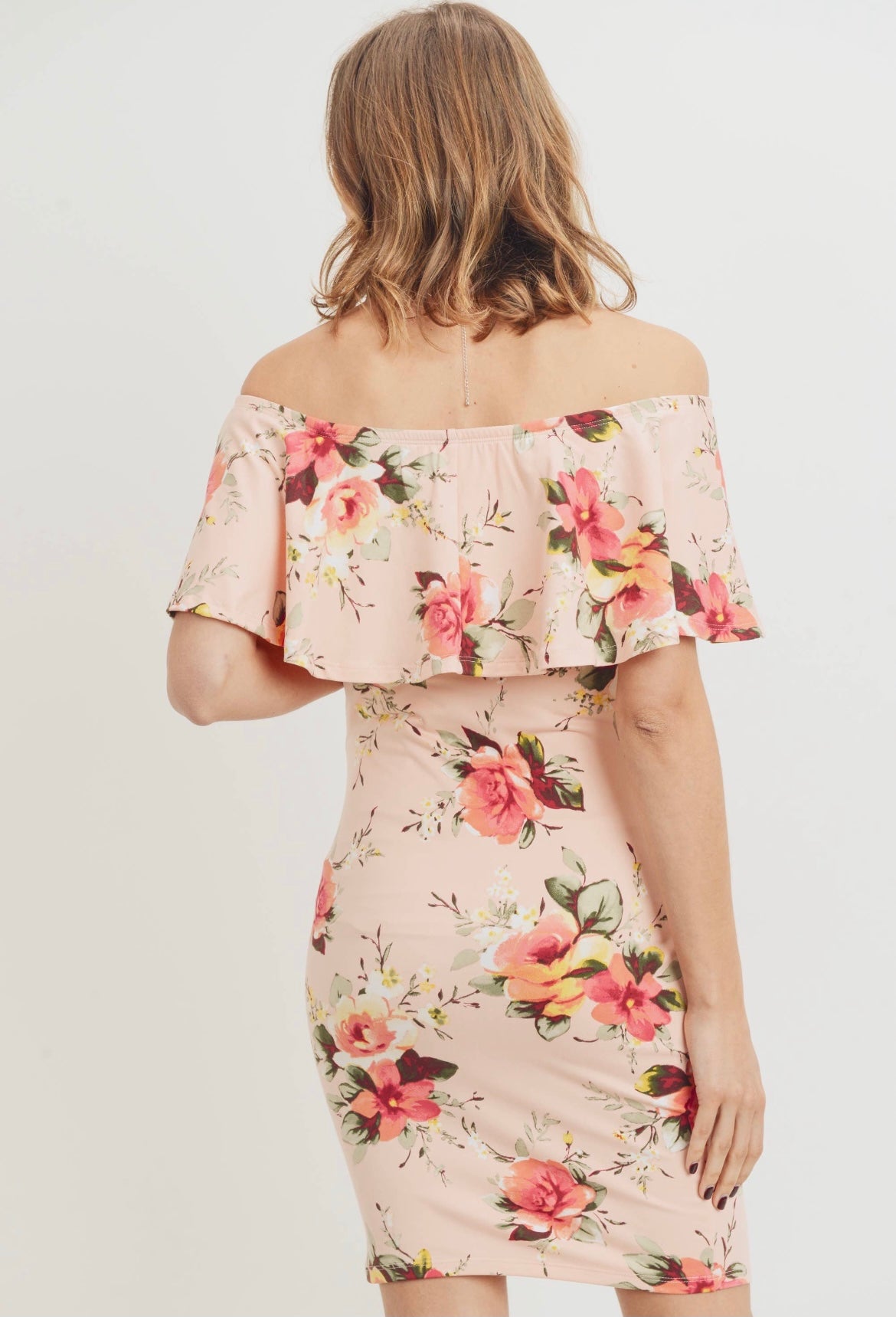 Maternity Off the Shoulder Peach Floral Ruffle Maternity Dress