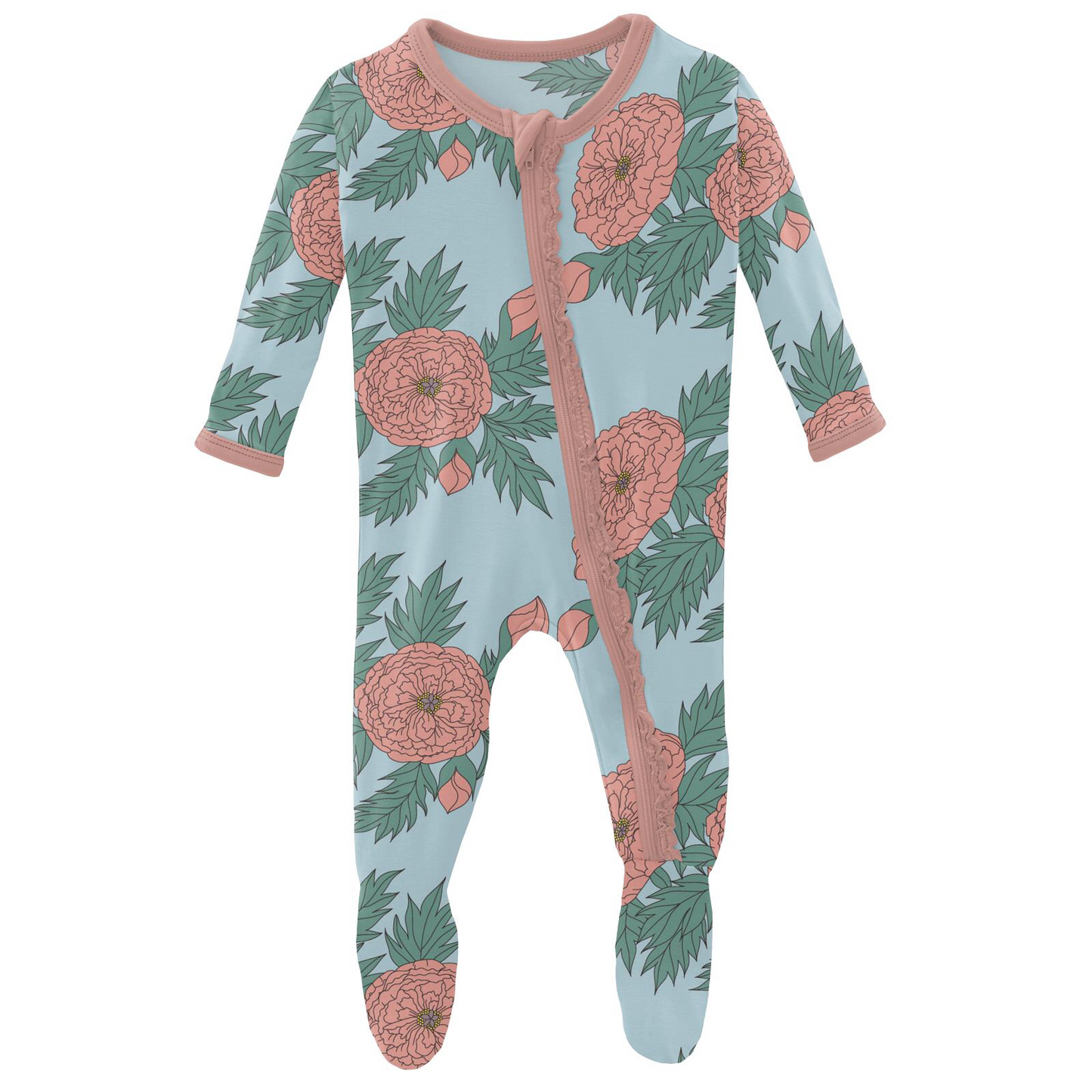 Kickee Pants Spring Sky Floral Muffin Ruffle Footie with Zipper