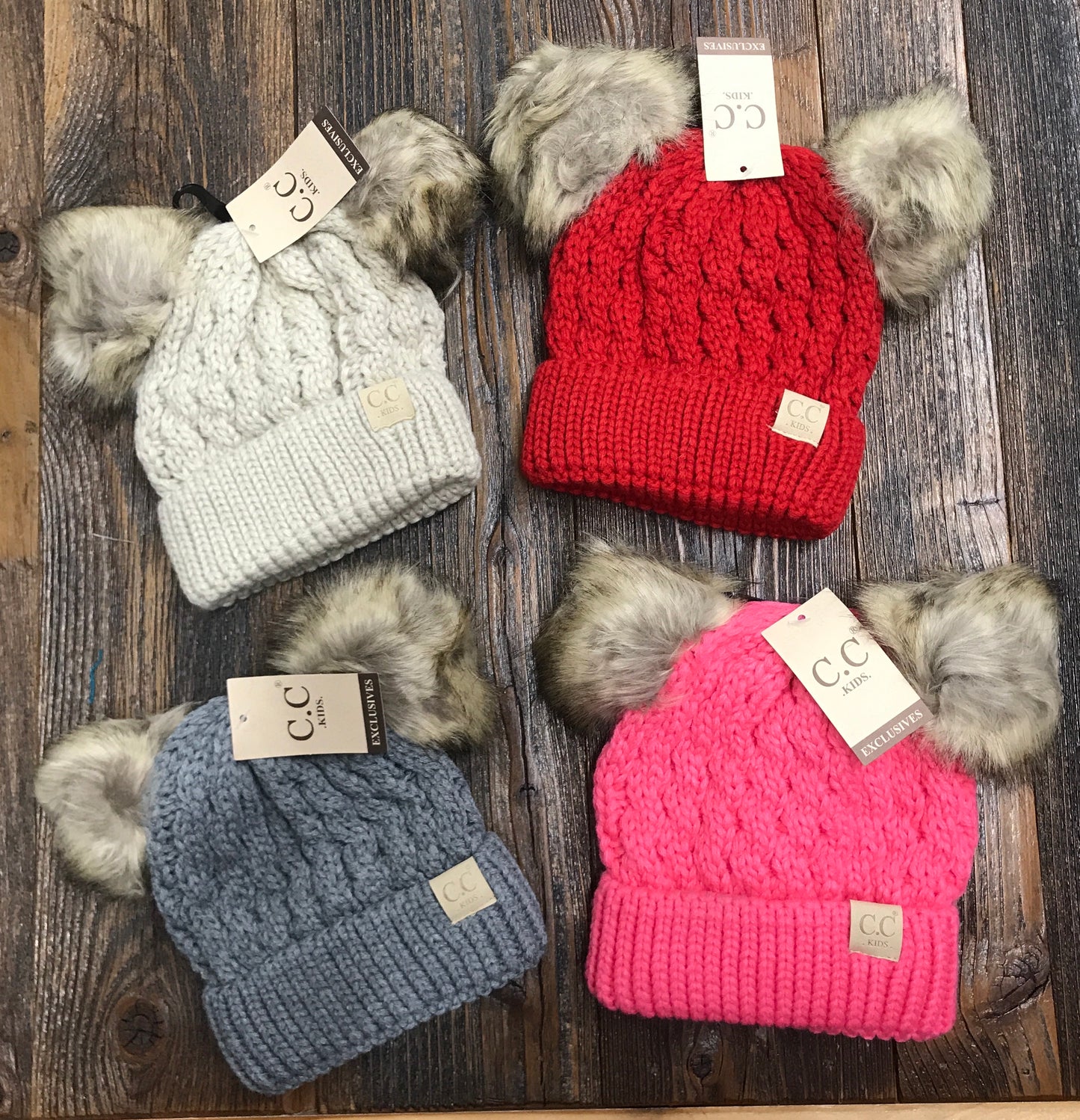 C.C. Kids Fur Double Pom Beanie