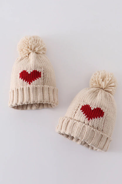 Cream Heart Pom Beanie