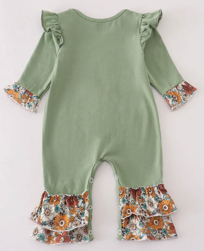 Sage Floral Cow Ruffle Romper