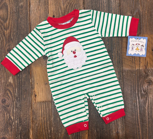 Three Sisters Green Striped Santa Applique Boys Romper