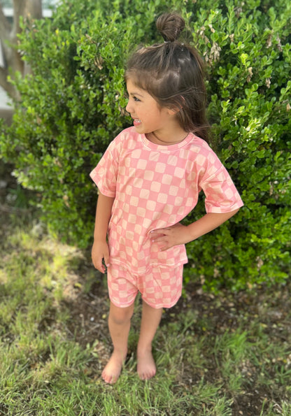 Peach Checkered Oversized Tee Set