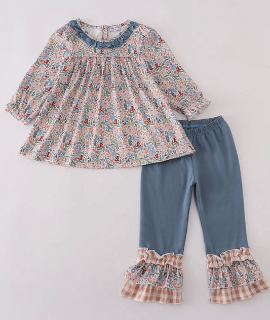 Blue Floral Ruffle Pant Set