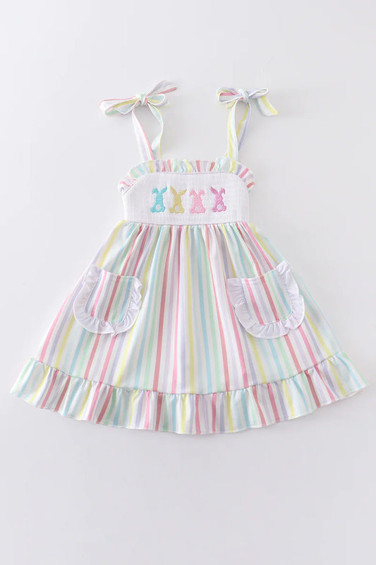 Pastel Striped Smocked Bunny Dress