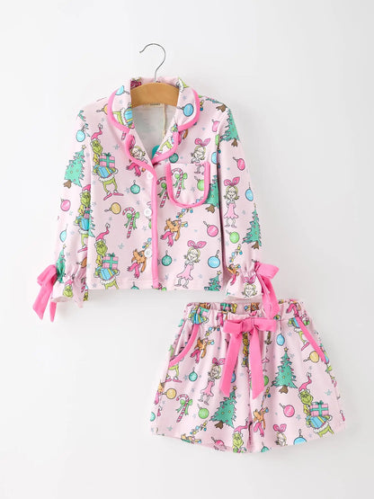 Pink Bow Green Guy Pajama Set