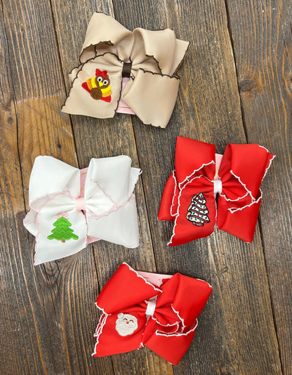 Holiday Moon Stitch Embroidered Bow/Headwrap