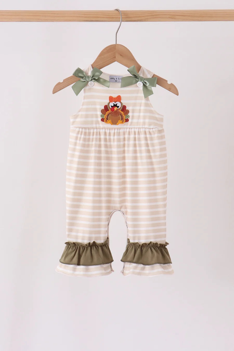Olive Striped Turkey Ruffle Romper