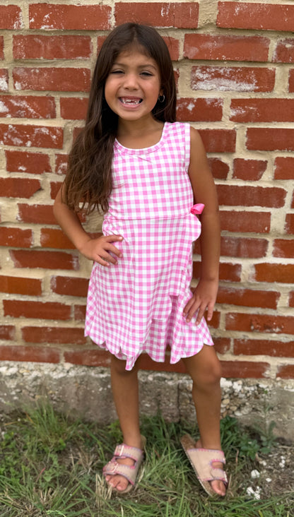 Pink Gingham Bow Scalloped Dress