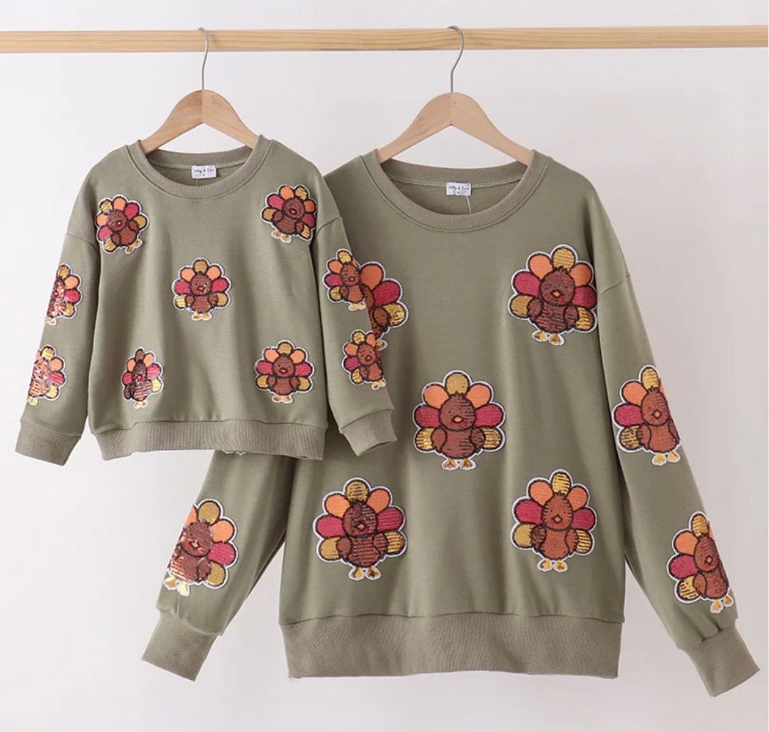 Sage Turkey Sequin Mommy & Me Pullover
