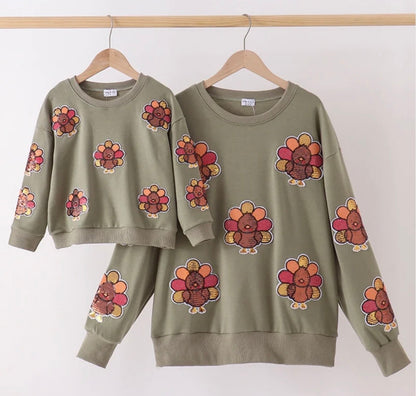 Sage Turkey Sequin Mommy & Me Pullover