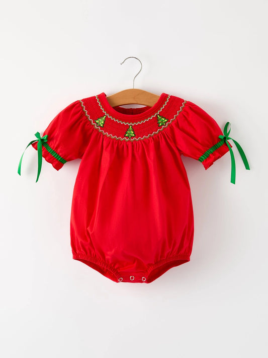 Red Christmas Tree Smocked Bubble