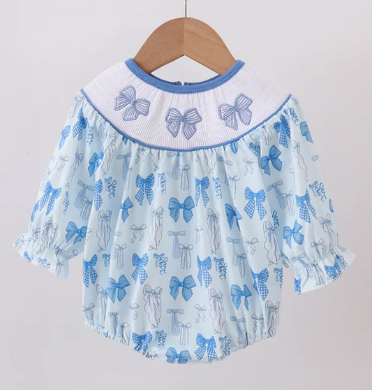 Blue Bow Smocked Bubble
