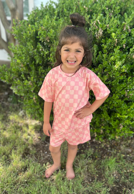 Peach Checkered Oversized Tee Set